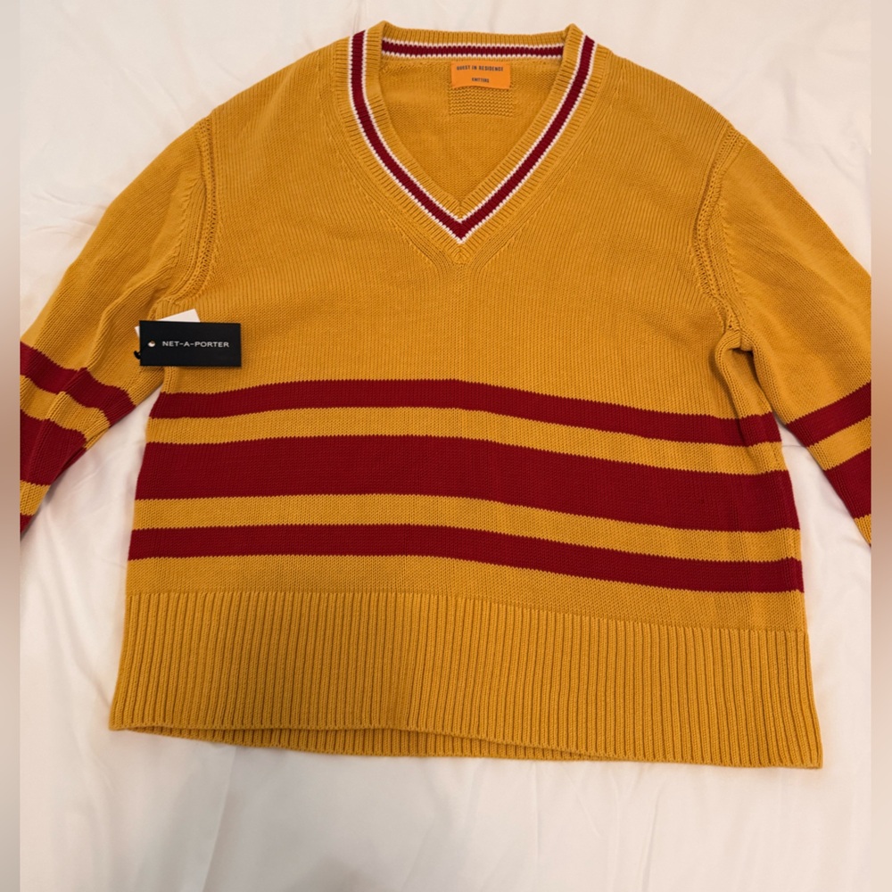 Mustard Yellow V-Neck Stripe Sweater - Women's